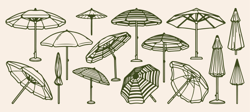 Outdoor beach sunshade umbrellas collection doodle, folding seaside parasol line art, coastal resort shade umbrella drawing, summer holiday beach equipment graphic, sunny patio sunshade canopy illustr