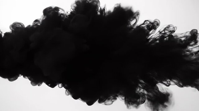 Black ink cloud blooming in slow motion against a bright white background with cinematic motion
