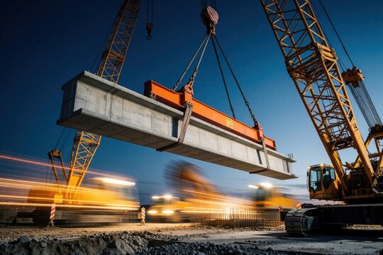 Heavy yellow crane lifts massive concrete beam at construction site during night. Industrial machinery moves prefab structure for bridge building development. Workers manage heavy cargo lifting with