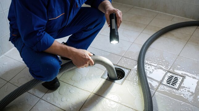Plumber in blue uniform uses flashlight to inspect floor drain. Pro technician inserts flexible grey hose into clogged sewer pipe in wet bathroom. Worker performs maintenance, troubleshooting