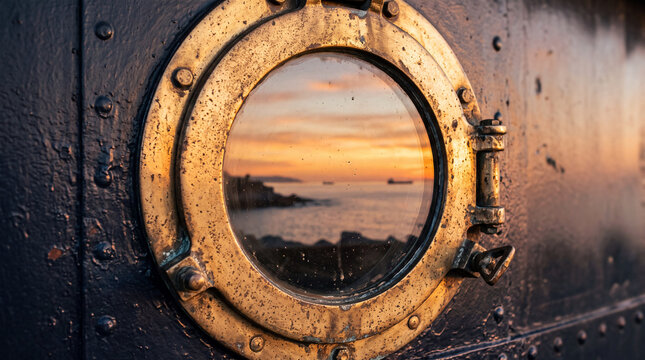 Vintage brass porthole frame mounted on dark metallic hull showing calm ocean horizon at sunset
