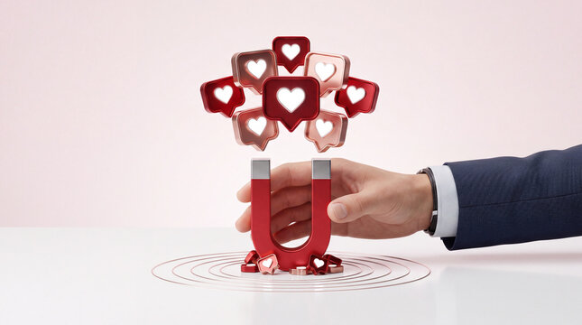Businessman hand holding a red horseshoe magnet attracting numerous social media heart like icons, representing digital marketing strategy, customer engagement, and viral content popularity.