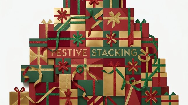 Holiday Gifts Stacked with Festive Ribbons and Text