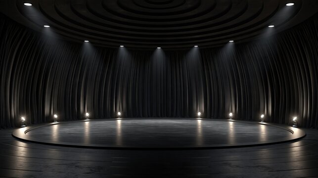 Empty dark circular performance stage with draped black velvet curtains and glowing ground spotlights ready for theater show concert event or presentation opening