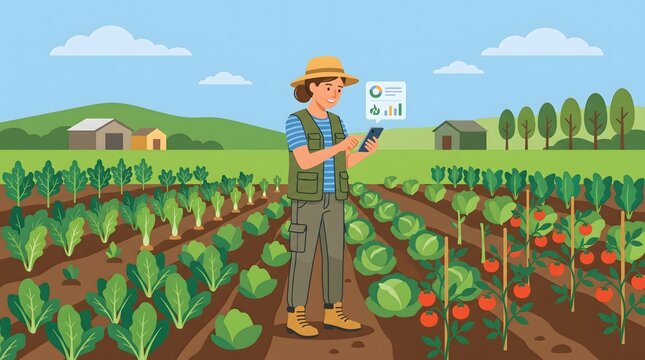 Modern graphic illustration of a female farmer using a smartphone in a green vegetable farm, featuring flat colors, simple shapes and clean editorial design.