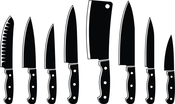 Kitchen knives vector icon set, chef knife symbols, cooking utensils, culinary tools, cutlery collection, restaurant equipment, food preparation, kitchen accessories.