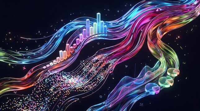 Experimental digital artwork showing colorful liquid streams transforming into abstract graphs, bar charts, scatter plots and data points for World Statistics Day.
