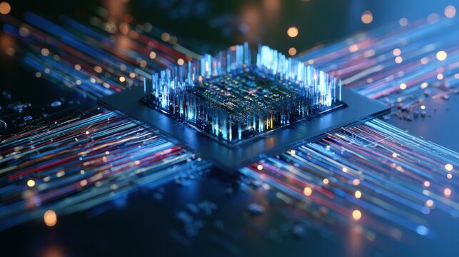 Futuristic microchip with glowing data streams in abstract digital network