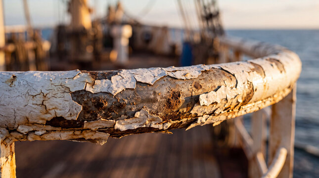 Weathered rusty metal railing on a vintage sailing ship deck