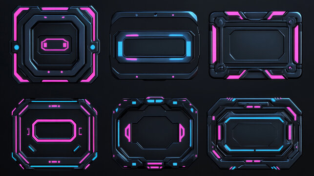 Futuristic frames of black metal border for avatar in game interface with level or grade. Vector cartoon set of gui elements in sci fi style, empty frames with blue and pink glow