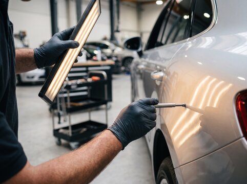 Gloved technician uses a reflection board and a pointed tool to fix a dent on a silver car door in an auto repair workshop with carts and tools nearby