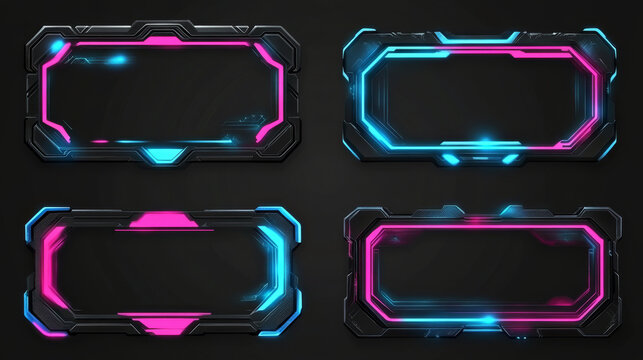 Futuristic frames of black metal border for avatar in game interface with level or grade. Vector cartoon set of gui elements in sci fi style, empty frames with blue and pink glow