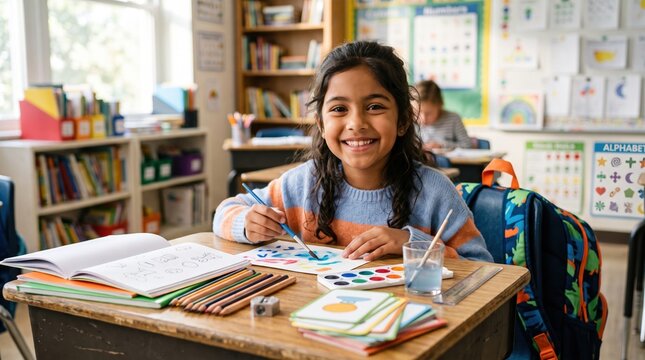 Smiling schoolgirl drawing with colored pencils at a classroom desk; open workbook, watercolor palette, paintbrush, and glass of water. Alphabet poster on wall