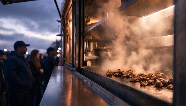 People waiting in line at a food truck with fresh meat grilling on a hot metal surface