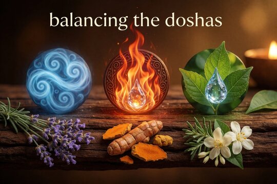 Ayurvedic medicine concept shows three energy spheres representing doshas. Blue air swirl, orange fire orb, green leaf with water drop sit on wood. Fresh lavender, turmeric root, white jasmine