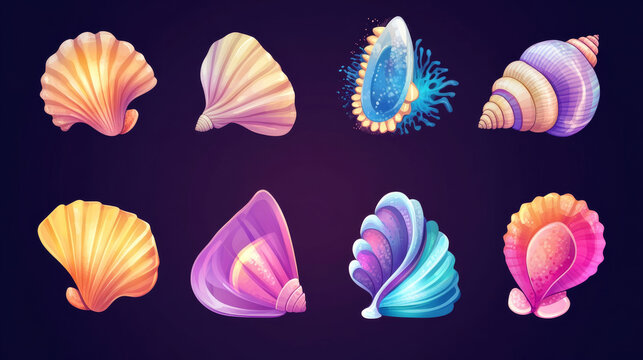 Sea or ocean shell game ui icon collection. Cartoon vector illustration set of colorful marine underwater creatures with conch. Aquarium and seabed snail horned clam, closed scallop and shellfish.