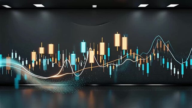Dynamic Financial Data Visualization in a Modern Dark Room with Glowing Abstract Charts and Candlestick Patterns Representing Stock Market Trends and Investment Analysis for a Digital Future