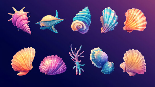 Sea or ocean shell game ui icon collection. Cartoon vector illustration set of colorful marine underwater creatures with conch. Aquarium and seabed snail horned clam, closed scallop and shellfish.