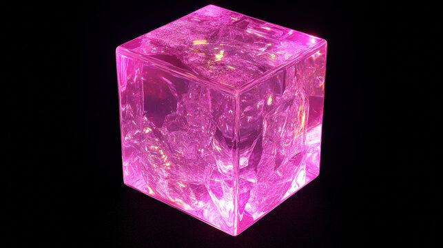 3d holographic prism cube with abstract light. Isometric square cuboid shape in iridescent pink. Futuristic flying geometry polygon object with hologram shine effect illustration. Math texture figure