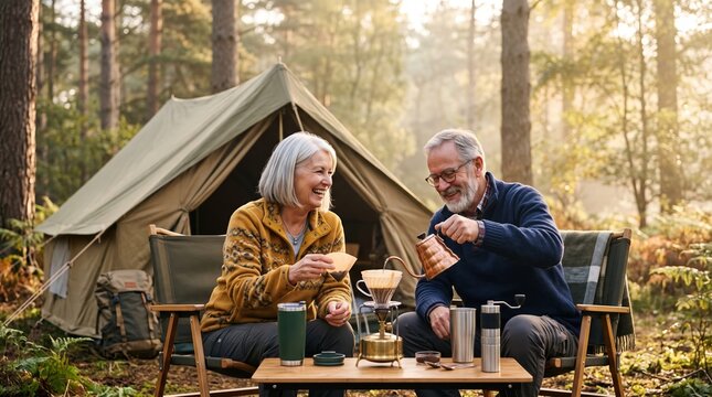 Smiling senior couple at a campsite, sitting by a tent and making hot coffee with a pour-over dripper and kettle on a table, holding mugs in a sunlit forest
