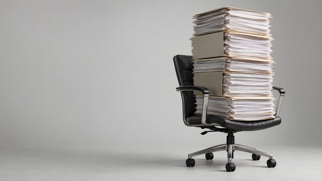Office Chair Buried Under Stacks of Paperwork, Heavy Workload, Administrative Burden and Too Much Paper with Large Copy Space