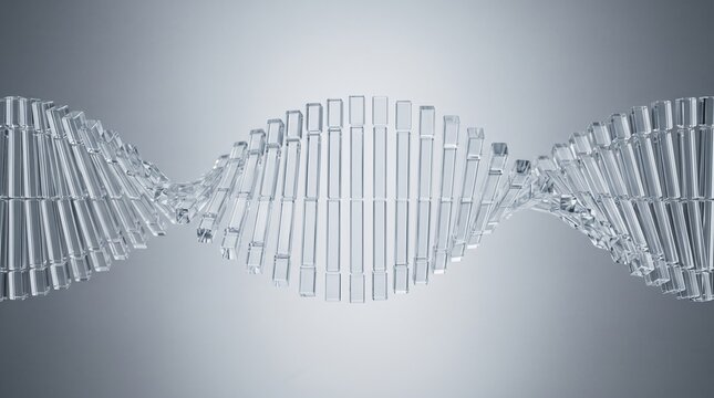 Transparent crystal block helix structure shimmering in soft light for scientific and medical themes.