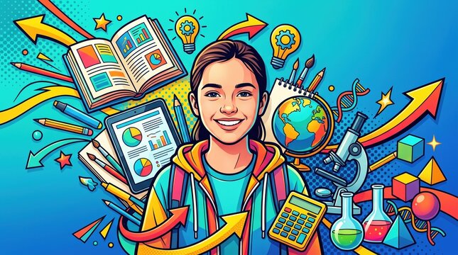 Smiling student with backpack surrounded by book, tablet with charts, lightbulb icons, globe, microscope, calculator, test tubes, dna strand, pencils, arrows, stars