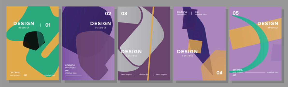 Five colorful fluid abstract shapes form modern graphic backgrounds and templates for posters, covers, flyers, brochures or digital layouts with smooth, wavy, contemporary style