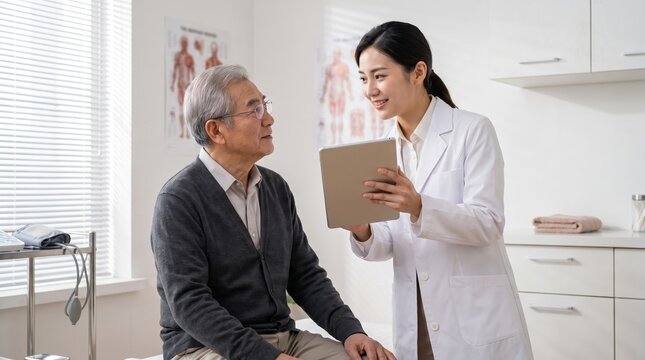 Female doctor in white coat shows clipboard to elderly male patient during consultation in medical office; anatomy posters on wall, blood pressure cuff on counter