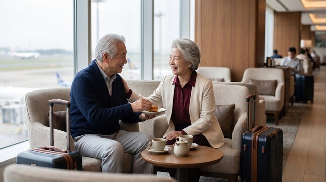 Smiling elderly couple sit on lounge sofa by large windows, sharing dessert and coffee at a small table, with travel suitcases nearby and other passengers in the distance