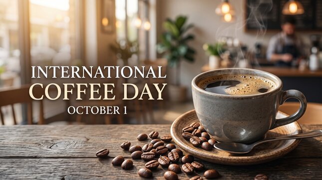 Cup of hot coffee on saucer with scattered beans on rustic table in cozy cafe, warm light and blurred interior. Text: &ldquo;INTERNATIONAL COFFEE DAY&rdquo; &ldquo;OCTOBER 1&rdquo;