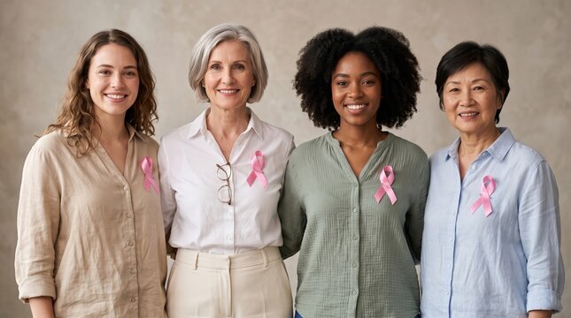 Four smiling women of diverse ages and ethnicities stand together indoors, wearing pink ribbon pins on their shirts, supporting breast cancer awareness. Breast cancer awareness banner.