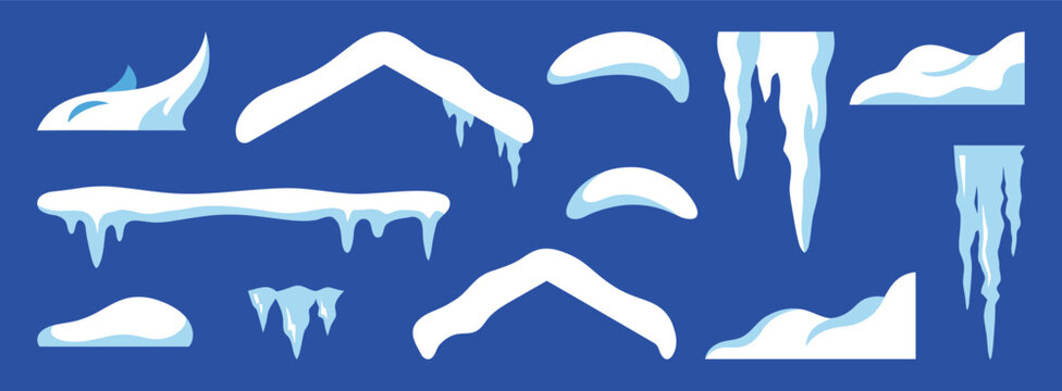 Snow caps and icicles vector set, winter frost elements for roof and landscape illustration