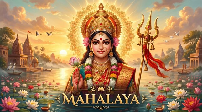 Hindu goddess in ornate crown and jewelry holds lotus, with trident and sacred symbol above; sunrise over temple lake with lotus flowers, birds, swans; text &ldquo;MAHALAYA&rdquo;