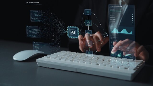 AI specialist works at a keyboard. Programming automation combines contextual reasoning with code assembly and checks, using revision information and execution metrics to support software review.