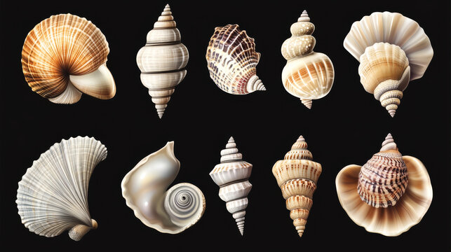 Seashells set isolated on black background. Vector cartoon illustration of marine beach or aquarium seabed design elements, oyster shell with pearl, mollusk, snail, jewelry souvenir collection