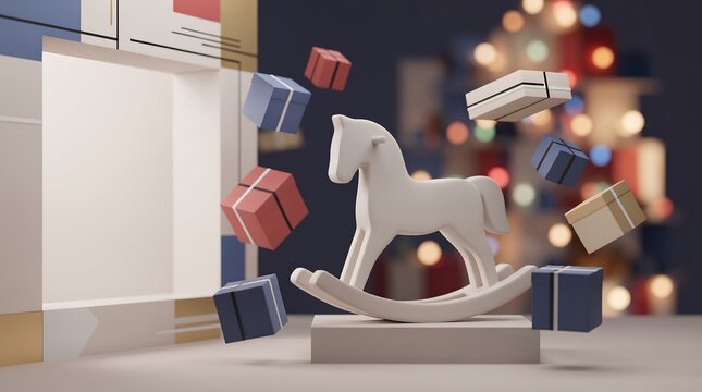 White rocking horse sculpture with floating gift boxes and geometric wall