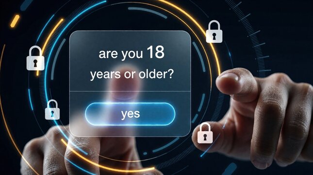Person touches digital screen for age verification. User clicks yes on age gate popup to confirm 18 years old. Digital identity check for adult content access online security via futuristic high tech