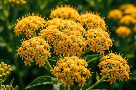 Close up of yellow Solidaster Lemore flowers blooming in summer garden. Bright golden blossoms grow on green stems with leaves. Wild plant petals show detailed texture in natural sunlight. Beautiful