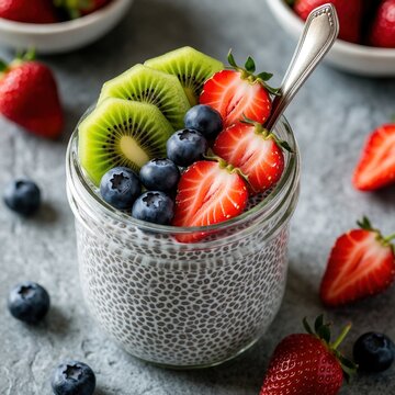 Healthy chia seed pudding in glass jar topped with sliced kiwi, fresh strawberries, blueberries. Delicious breakfast bowl with superfood berries on stone table. Nutritious vegan snack prepared at