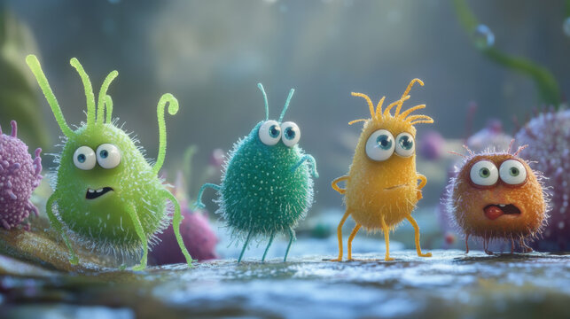 Cute bacteria, germ and virus characters isolated on white background. Vector cartoon set of funny bacterium, microorganism and biology cell with flagella and faces