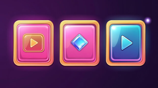 Play game interface button ui icon vector design. Cartoon frame for video music player app. Gui user board elements for navigation in pink, blue and gold. Signboard asset with gem for website banner