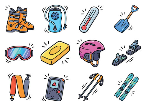 Skiing equipment including boots goggles helmet poles skis bindings shovel thermometer and beacon for winter sports