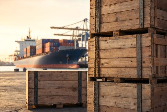 Wooden shipping crates on a harbor dock with a massive cargo ship in the golden light