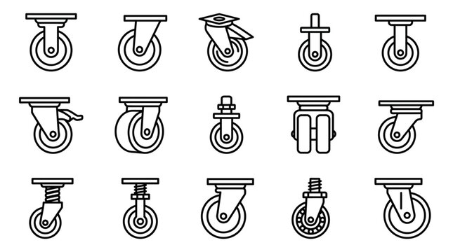 Set of industrial caster wheel icons in a clean black line art vector style