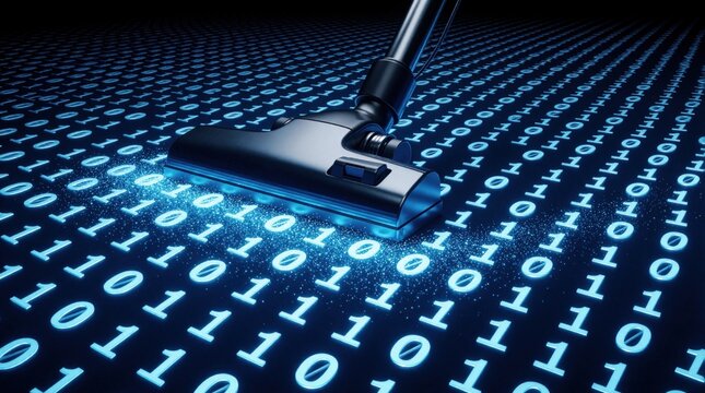 Vacuum cleaner head cleans digital data on dark background. Abstract concept of binary code cleanup, file optimization. System deletes junk files, electronic waste to improve computer performance,