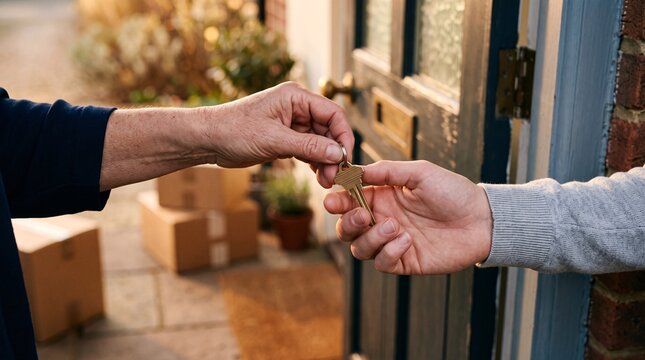 Person handing over house keys to a new owner on the front porch with moving boxes nearby