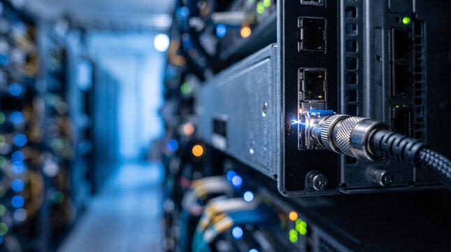 A fiber optic cable connecting to a high speed data server rack in a modern technology hub