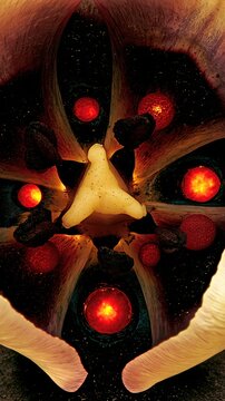 Dark flower interior with glowing red orbs and a cream star-shaped pistil, surreal macro