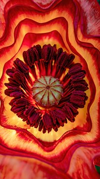 Symmetrical red poppy heart with dark filaments and heavy pollen, extreme macro photograph